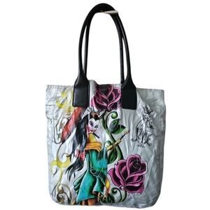 Christian Audigier Y2K Silver Tote Bag Rose Queen Geisha Ed Hardy Graphic Print‎